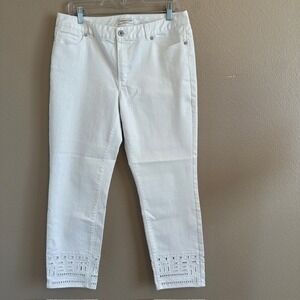 Coldwater Creek Women's White Cropped Capri Jeans Cutout Eyelet Hem 12 Stretch